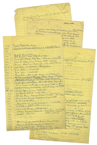 Moe Howard's Handwritten Manuscript Page When Writing His Autobiography -- Timeline of Important Events From 1916-1970 -- Two Pages on One 8'' x 12.5'' Sheet, Plus Additional Page of Helen's Notes